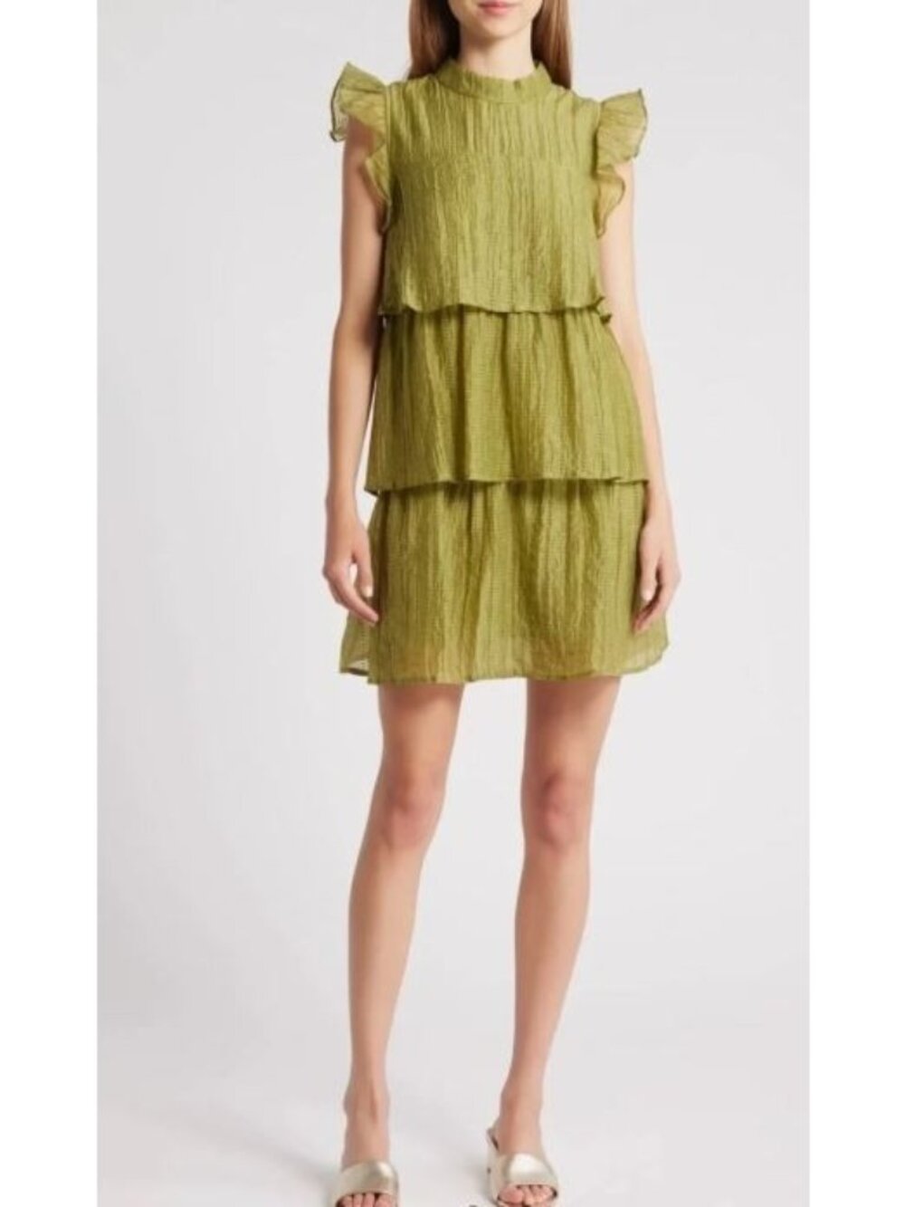 Mila Mae Dress Womens Medium Olive Green Ruffle Textured Cottagecore Feminine